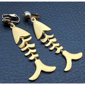 Vintage Fish Skeleton Clip Earrings Articulated Gold Tone Satin Matte Dangle 80s